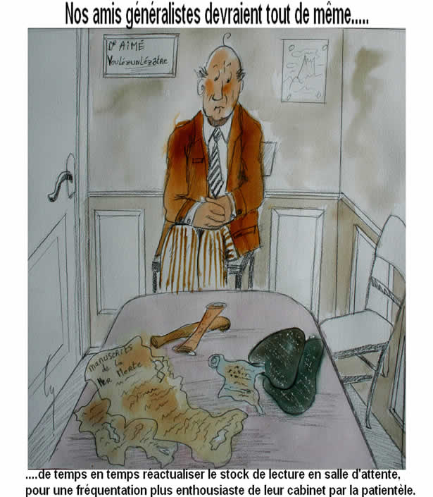 Dessin de C&eacute;cile Bour : les revues de la salle d'attente du g&eacute;n&eacute;raliste